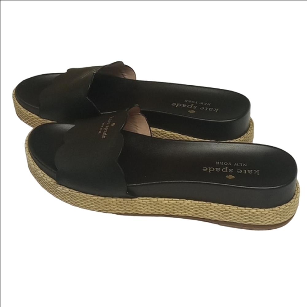 ♠️ KATE SPADE "ZEST" BLACK LEATHER ESPADRILLES SLIDES WITH FRONT GOLD LOGO - Picture 2 of 10